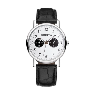 Minimalist quartz men's watch with white dial, silver case and black leather strap