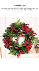 Close-up of Christmas wreath with red berries, pine cones, and a plaid bow on a white window