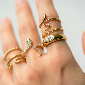 18k gold plated snake ring set with crystal accents and minimalist stacked design