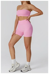 Pink seamless high-waist yoga shorts and matching tube top sports set for women