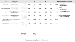 Detailed size chart for mustard yellow suede jacket with fabric specs and washing care