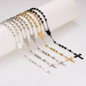 6mm stainless steel bead cross necklace in gold silver and black pendant finishes