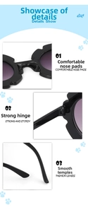Detail of flower shaped kids sunglasses showing integrated nose pads and metal hinges