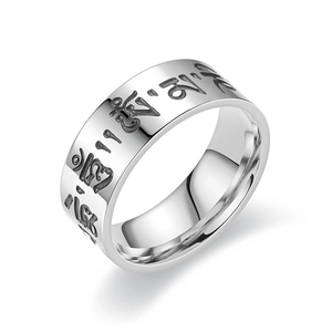 Titanium steel ring with engraved black religious Om Mani Padme Hum mantra symbols