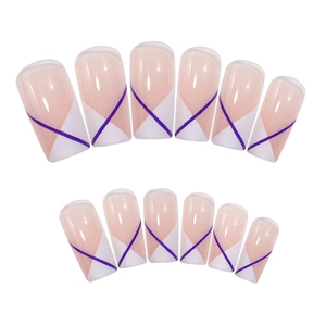 White nude French square press-on nails with purple crisscross lines design