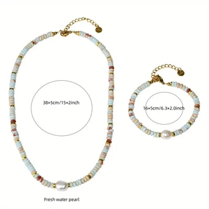 Colorful Shoushan stone beaded jewelry set with freshwater pearls and gold lobster clasp