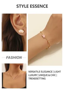 Detail of pink lotus enamel jewelry set including earrings, bracelet and necklace