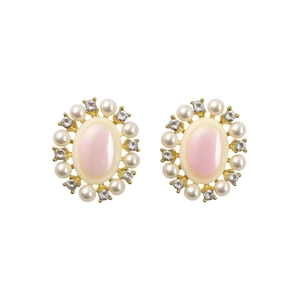 Elegant vintage oval pink shell earrings with white pearls and sparkling cubic zirconia