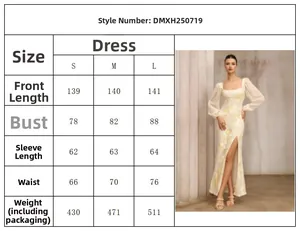 Size guide table for floral embroidery square neck evening dress with split skirt