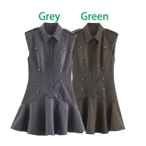 Women Sleeveless Mini Dress Buttons Lapel Collar Military Style Ruffle Hem Polyester Elegant Solid Color
