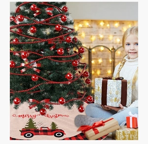Linen Christmas tree skirt with red truck motif and red black buffalo plaid border