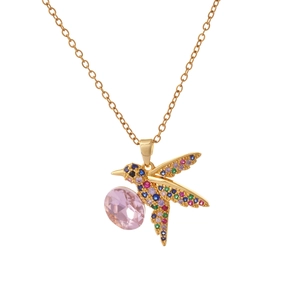 Gold-plated hummingbird necklace with multicolored zircon stones and a pink gem pendant