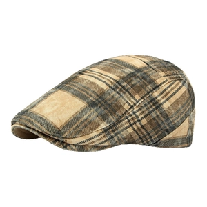 Vintage khaki plaid ivy cap made of washed cotton with a classic retro flat brim