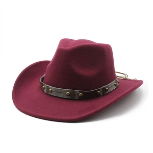 Classic wine red wide brim western cowboy hat with leather band and metal studs