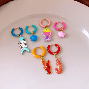 Asymmetric Hoop Earrings Titanium Steel Enamel Ocean Fish Bone Starfish Lobster Summer Beach Jewelry For Women