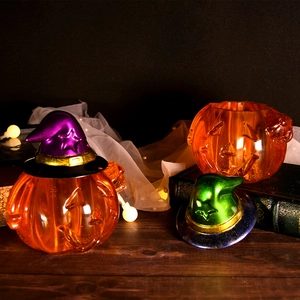 Pots de bougie citrouille d'Halloween avec couvercles chapeau de sorcier déco