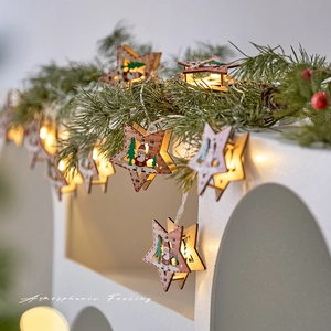 Christmas star-shaped wooden LED string lights with Santa Claus motifs for festive tree decor