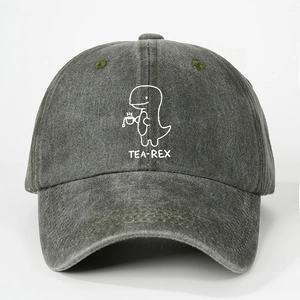 Dark grey washed denim baseball cap featuring a Tea-Rex dinosaur print for outdoor sun protection