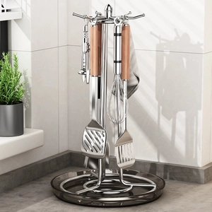 Rotating Kitchen Utensil Holder Stainless Steel Countertop Organizer Rack With Hooks And Drip Tray Vertical Stand