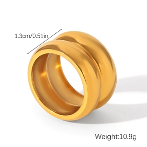 Detail shot showing 1.3cm width and 10.9g weight of the double layered 18K gold plated ring