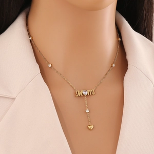 Elegant gold Mom necklace with heart zircon pendant on a double layer stainless steel chain