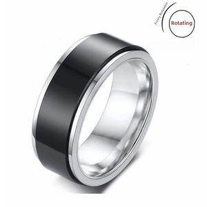 Detail showing the rotating mechanism of the black and silver stainless steel spinner ring