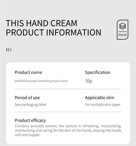 Gedetailleerde productinformatie voor SADOER Avocado Verzachtende Handcrème 30g hydratatie