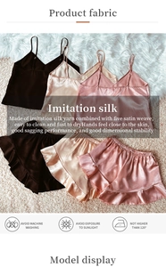 Detailed view of satin camisole and ruffle shorts set in black, gold and pink colors