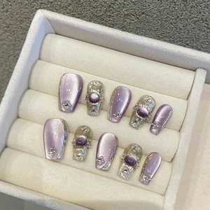 Ongles À Presser Fait Main Œil De Chat Violet Forme Cercueil Décoration Künstliche Perle Strass Ongles Artificiels Réutilisables