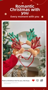 Detail of red and green sequined reindeer antler headbands with plush ears and festive accents