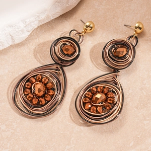 Retro geometric wire-wrapped teardrop earrings with gold and black metal accents