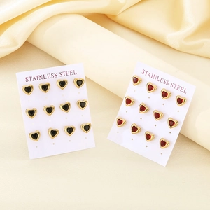 Detailed set of 12 pairs of stainless steel heart studs in red and black colors