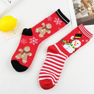 Festive Christmas Cotton Crew Socks For Women Men Cute Cartoon Snowman Gingerbread Man Striped Holiday Red Mid-Calf Socks