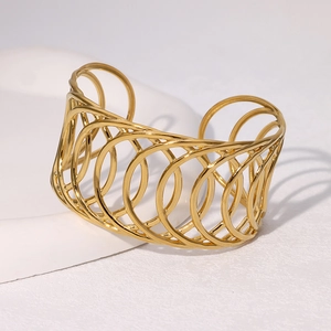 Minimalist gold geometric open bangle with stacked circular hollow cross design for women