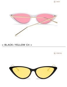 Detail view of cat eye sunglasses featuring gold metal temples and colored lenses