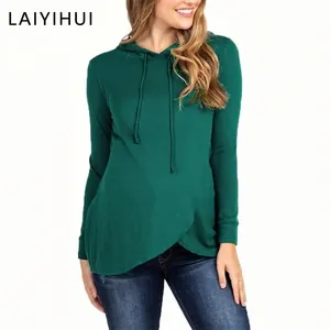 Maternity Nursing Hooded Sweatshirt Cross Hem Breastfeeding Top Long Sleeve Knitted Pullover For Pregnant Women