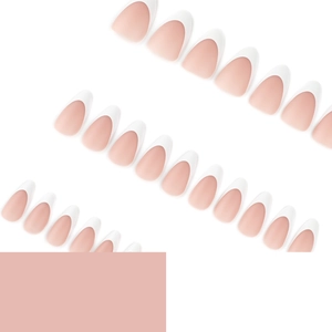 Short almond French tip press-on nails with natural nude base and white matte finish