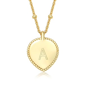 Heart Initial Necklace 925 Sterling Silver Engraved Letter Pendant Beaded Border Dainty Gold Bead Chain For Women