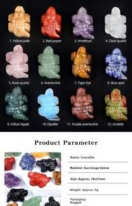 Miniature gemstone crocodile carvings showing diverse natural materials and dimensions