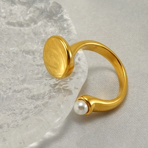 Fashion Artificial Pearl Open Ring Stainless Steel 18K Gold Plated Adjustable Minimalist Geometric Finger Jewelry For Women