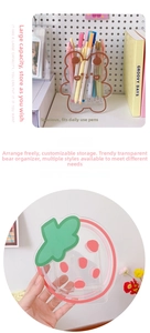 Macro shot of acrylic desk organizer featuring cute bear and strawberry cartoon prints