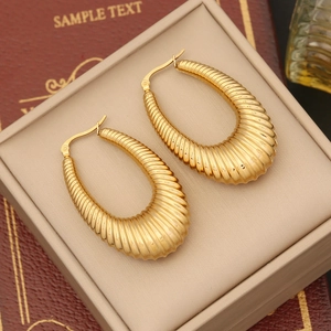 Pair of chunky gold geometric textured stainless steel hoop earrings in a jewelry box