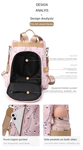 Detailansicht des rosa geblümten Oxford-Rucksacks mit mehreren Taschen und großem Stauraum