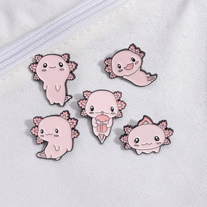 Set of 5 pink cartoon axolotl enamel pins in various cute poses on a white canvas bag