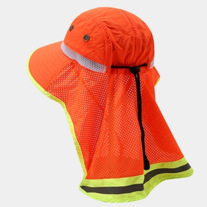 Close-up of high-visibility sun hat featuring reflective strips and breathable neck flap