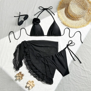 Three-piece black bikini set with 3D rose decor, halter top and ruffle mesh sarong