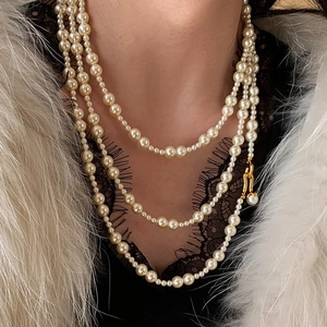 Elegant French Vintage Multi Layer Faux Artificial Pearl Necklace For Women Long Sweater Chain With Gold Alloy Clasp
