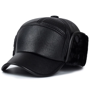 Men's winter faux leather ear flap hat with warm fleece lining and black baseball cap brim