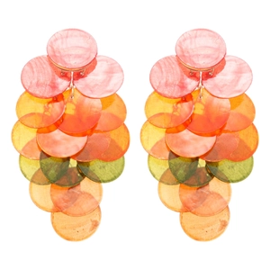 Elegant multi-layered round shell drop earrings with pink orange and green gradient
