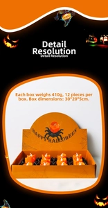 Set of 12 Halloween LED spider candles with orange bases and box weight specifications